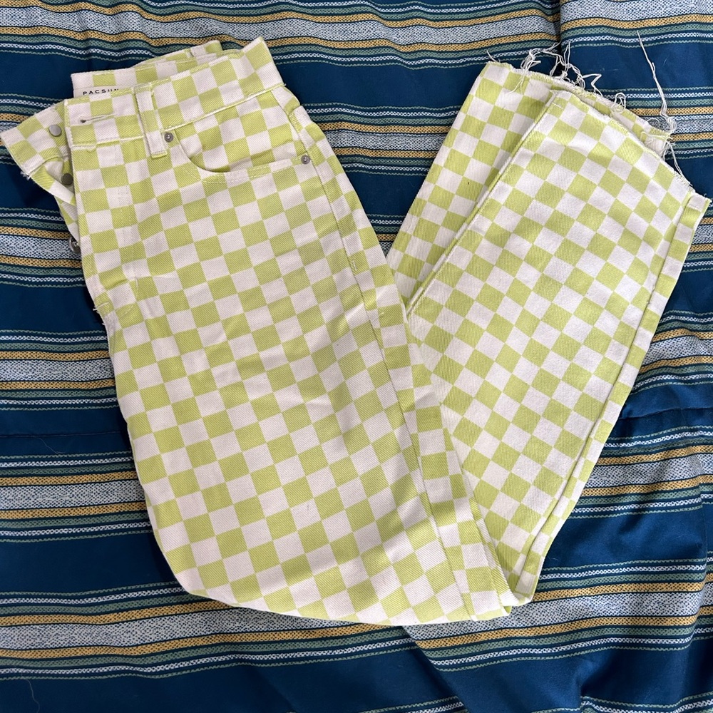 Green checkered jeans